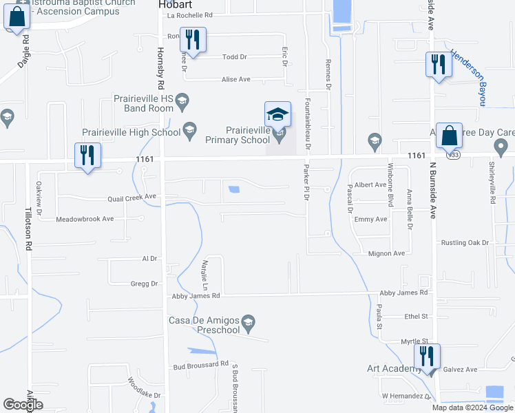 map of restaurants, bars, coffee shops, grocery stores, and more near 40218 Reese Lane in Prairieville