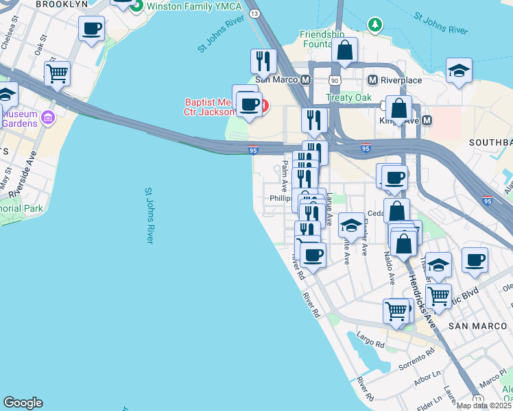 map of restaurants, bars, coffee shops, grocery stores, and more near 1550 Le Baron Avenue in Jacksonville