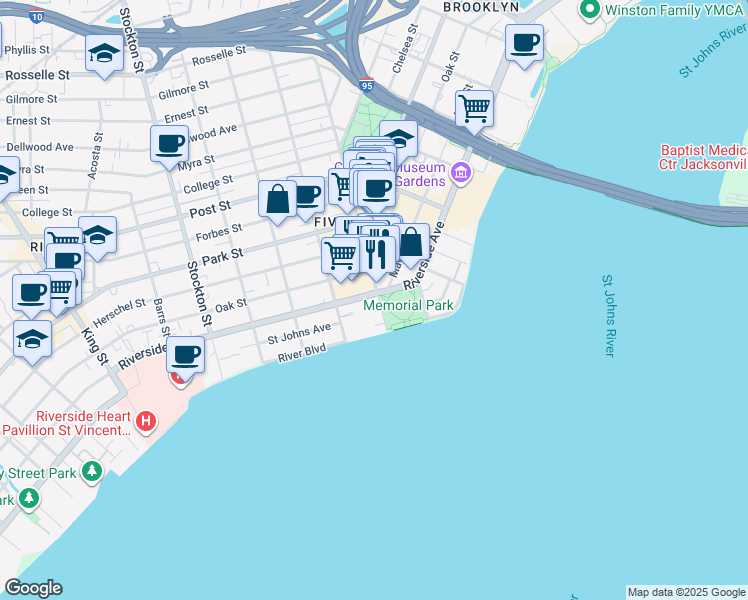 map of restaurants, bars, coffee shops, grocery stores, and more near 2054 Riverside Avenue in Jacksonville