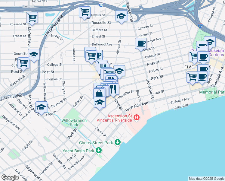 map of restaurants, bars, coffee shops, grocery stores, and more near 2650 Park Street in Jacksonville