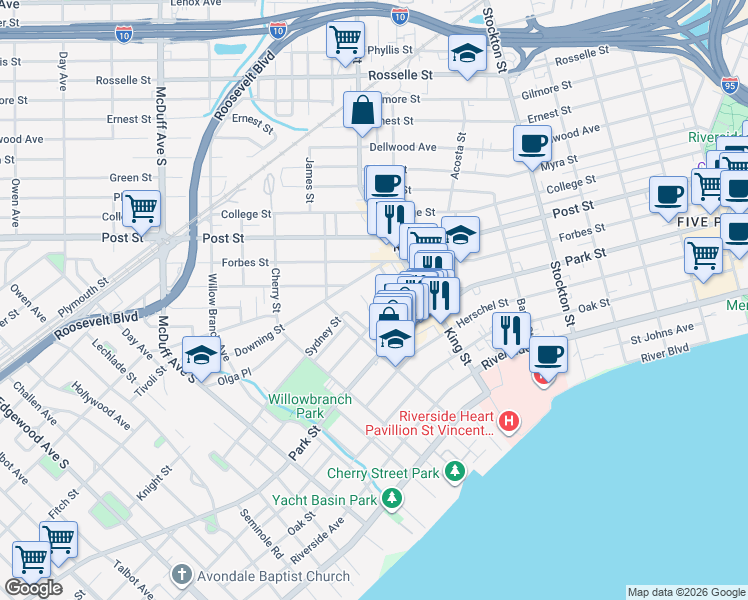 map of restaurants, bars, coffee shops, grocery stores, and more near 2759 Lydia Street in Jacksonville