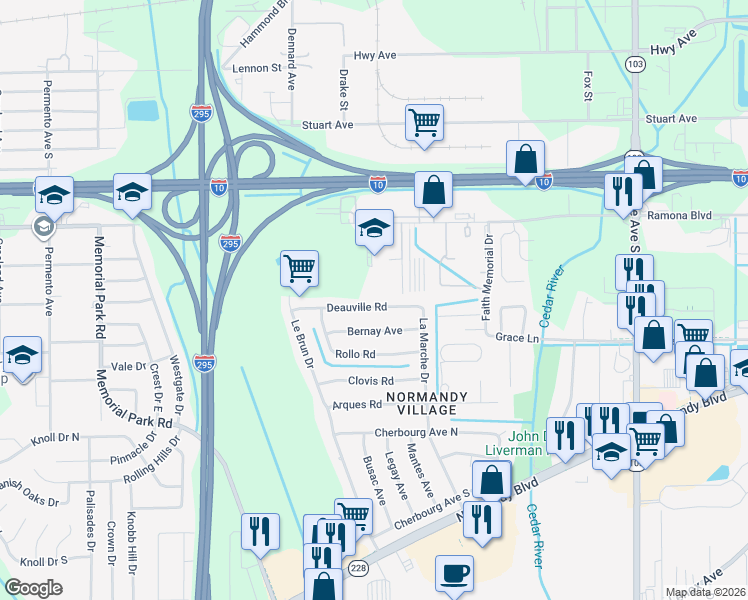 map of restaurants, bars, coffee shops, grocery stores, and more near 6965 Deauville Road in Jacksonville