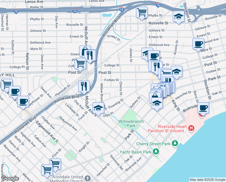 map of restaurants, bars, coffee shops, grocery stores, and more near 1085 Orleans Court in Jacksonville