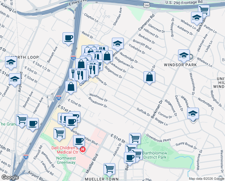 map of restaurants, bars, coffee shops, grocery stores, and more near 1301 Suffolk Drive in Austin