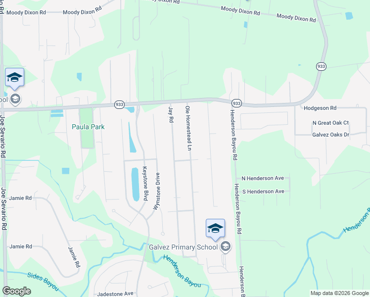 map of restaurants, bars, coffee shops, grocery stores, and more near 16414 Jay Road in Prairieville
