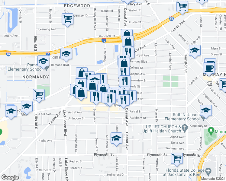 map of restaurants, bars, coffee shops, grocery stores, and more near 5059 French Street in Jacksonville