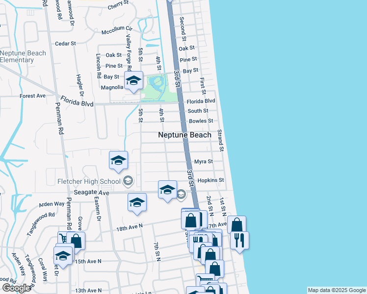 map of restaurants, bars, coffee shops, grocery stores, and more near 237 Oleander Street in Neptune Beach