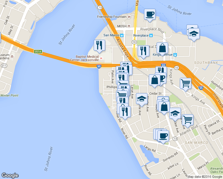 map of restaurants, bars, coffee shops, grocery stores, and more near 817 Cedar Street in Jacksonville