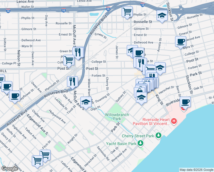 map of restaurants, bars, coffee shops, grocery stores, and more near 1098 Cherry Street in Jacksonville