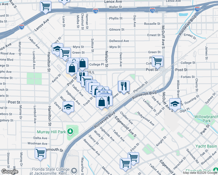 map of restaurants, bars, coffee shops, grocery stores, and more near 3505 Corby Street in Jacksonville