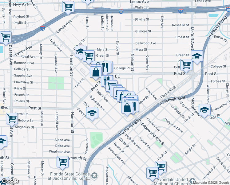 map of restaurants, bars, coffee shops, grocery stores, and more near 1115 Edgewood Avenue South in Jacksonville
