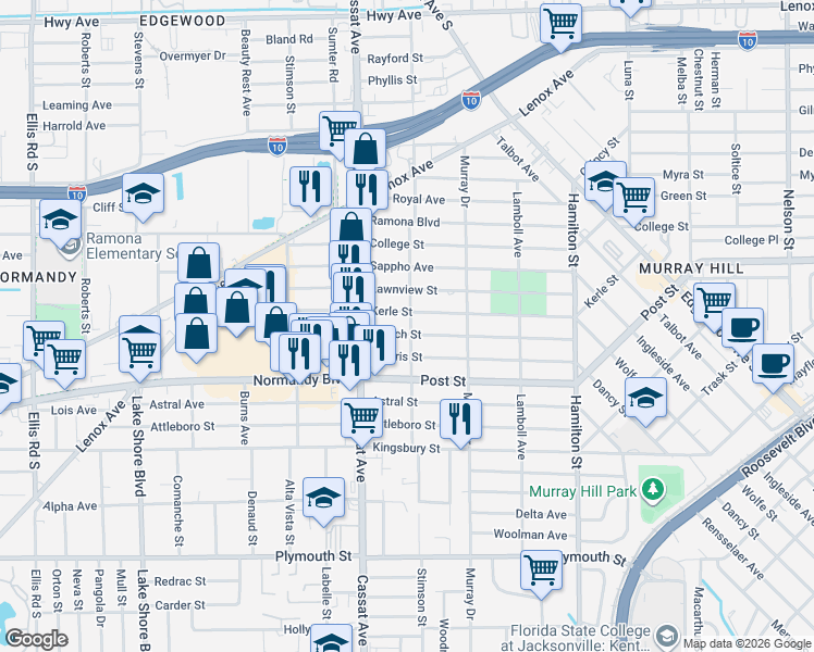 map of restaurants, bars, coffee shops, grocery stores, and more near 4808 French Street in Jacksonville