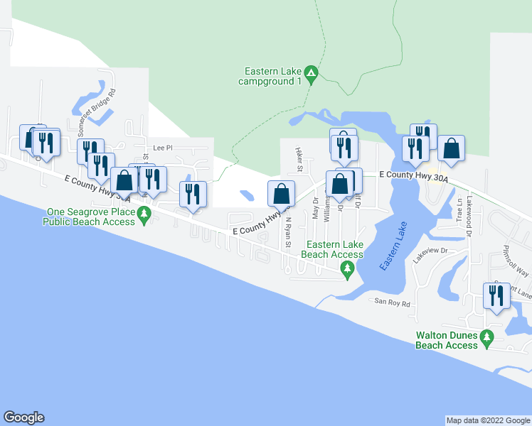 map of restaurants, bars, coffee shops, grocery stores, and more near 68 Heritage Dunes Lane North in Santa Rosa Beach