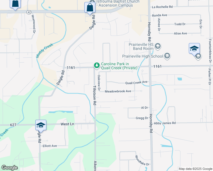 map of restaurants, bars, coffee shops, grocery stores, and more near 39346 Meadowbrook Avenue in Prairieville