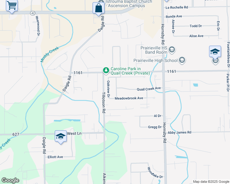 map of restaurants, bars, coffee shops, grocery stores, and more near 16422 Oakview Drive in Prairieville