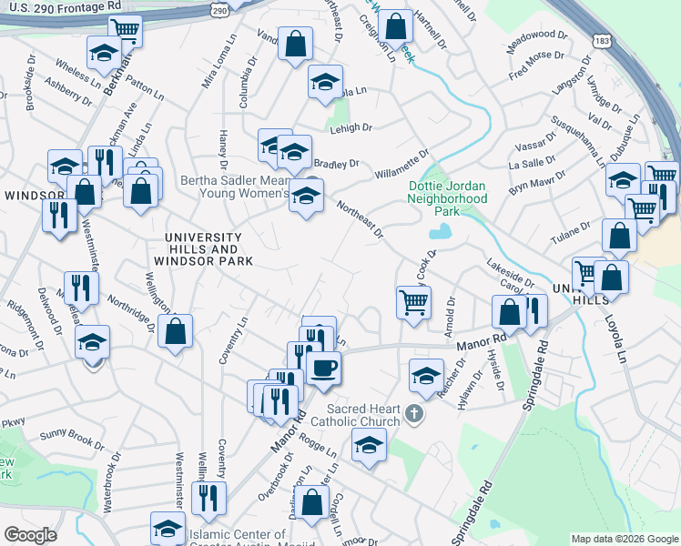 map of restaurants, bars, coffee shops, grocery stores, and more near 2749 Bristol Drive in Austin