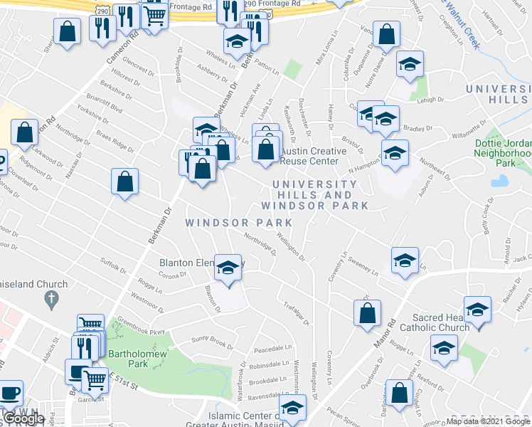 map of restaurants, bars, coffee shops, grocery stores, and more near 3 Cheshire Drive in Austin