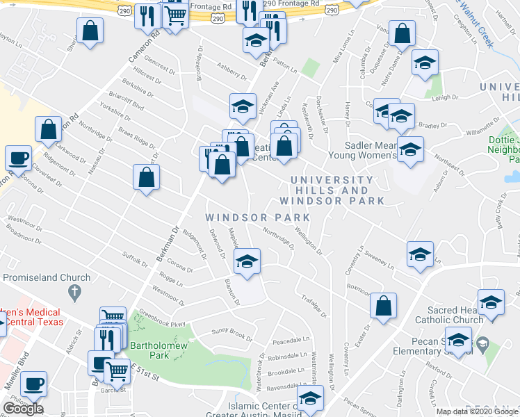 map of restaurants, bars, coffee shops, grocery stores, and more near in Austin