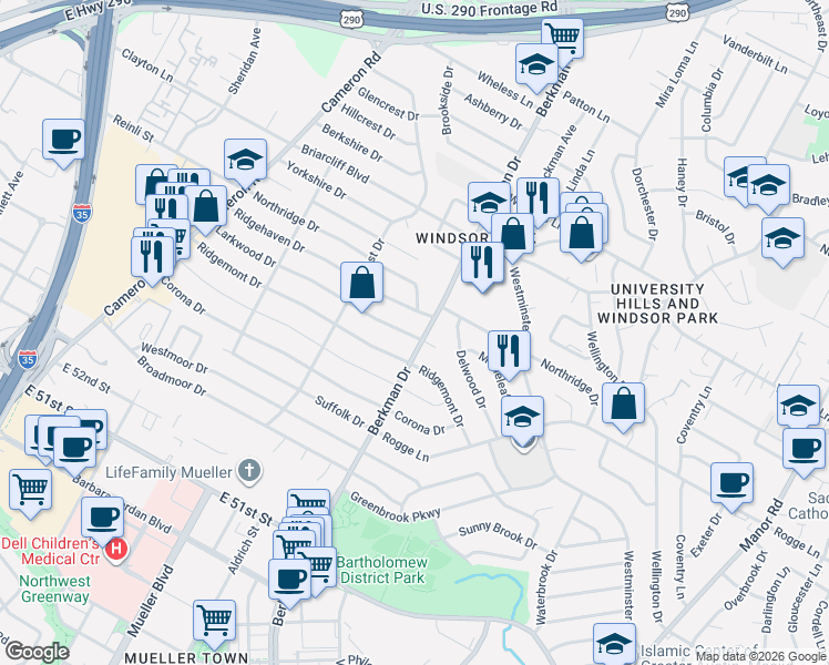 map of restaurants, bars, coffee shops, grocery stores, and more near 1613 Larkwood Drive in Austin