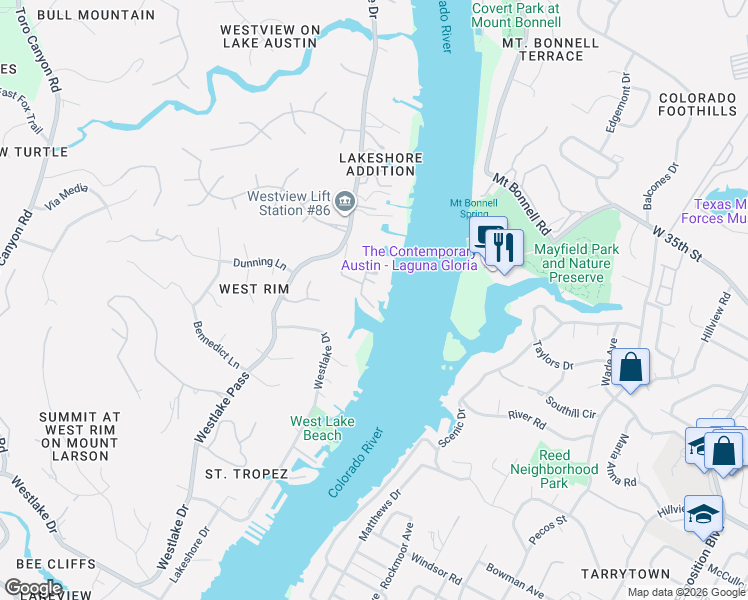 map of restaurants, bars, coffee shops, grocery stores, and more near 2900 Westlake Cove in Austin