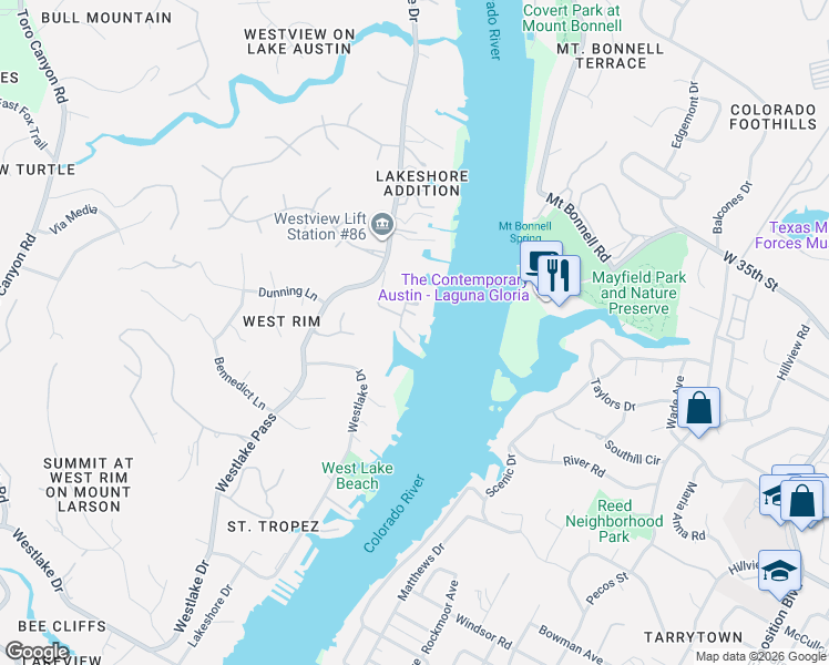 map of restaurants, bars, coffee shops, grocery stores, and more near 2900 Westlake Cove in Austin