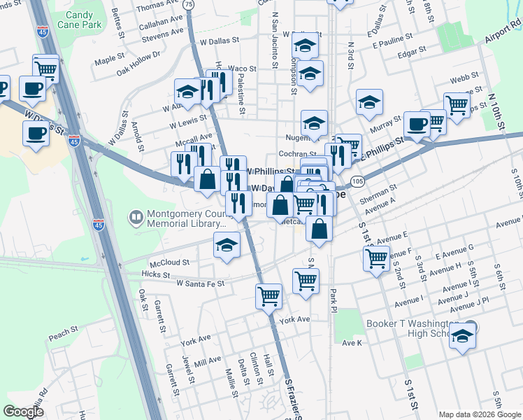 map of restaurants, bars, coffee shops, grocery stores, and more near 322 Collins Street in Conroe