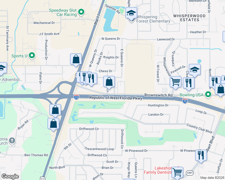 map of restaurants, bars, coffee shops, grocery stores, and more near 100 Parkway North Drive in Slidell