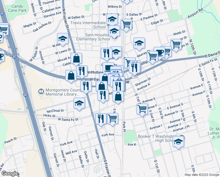 map of restaurants, bars, coffee shops, grocery stores, and more near 312 Metcalf Street in Conroe