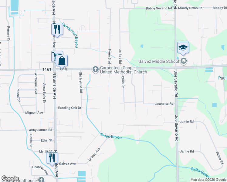 map of restaurants, bars, coffee shops, grocery stores, and more near 16468 Blaise Road in Prairieville