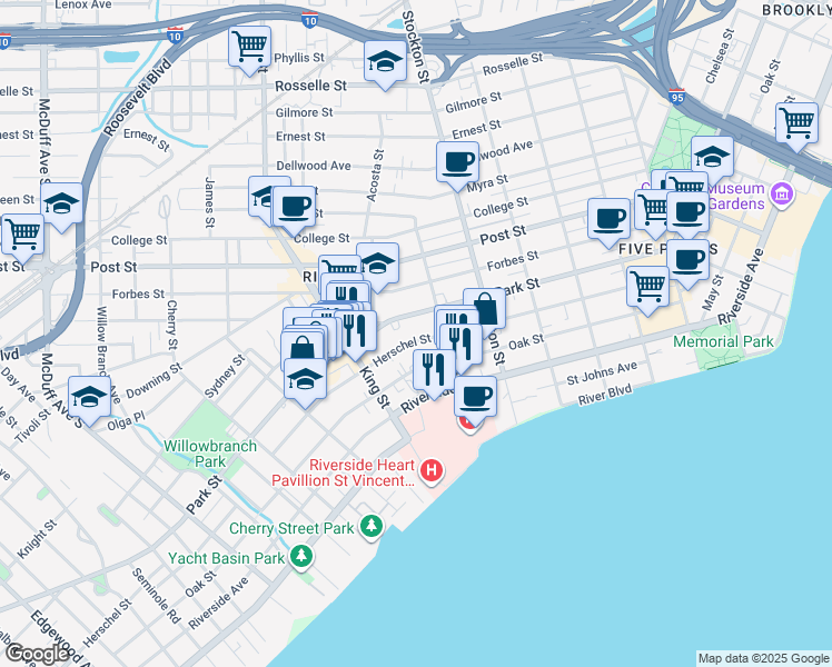 map of restaurants, bars, coffee shops, grocery stores, and more near 2602 Herschel Street in Jacksonville