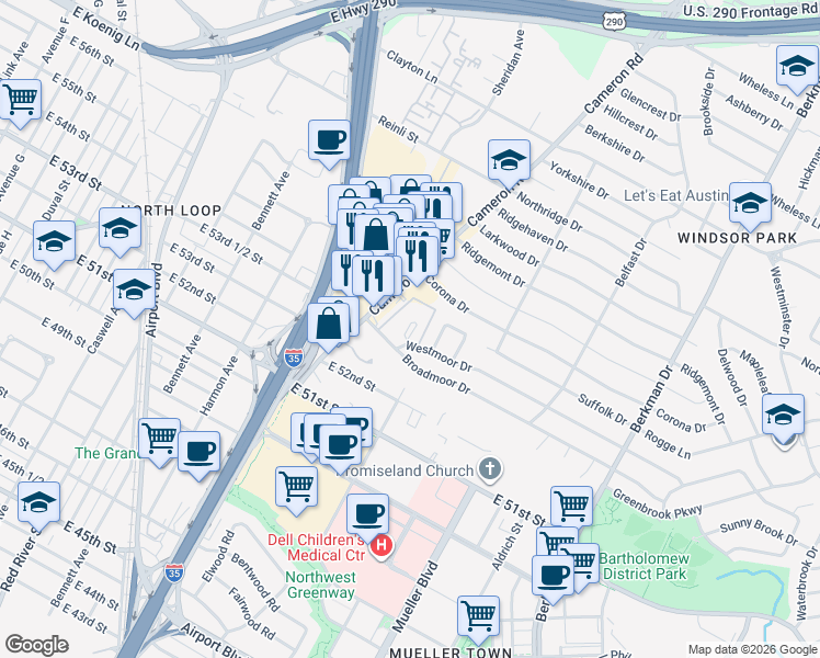 map of restaurants, bars, coffee shops, grocery stores, and more near 1222 Broadmoor Drive in Austin