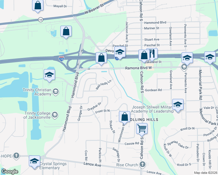 map of restaurants, bars, coffee shops, grocery stores, and more near 8366 Holly Hill Cove in Jacksonville