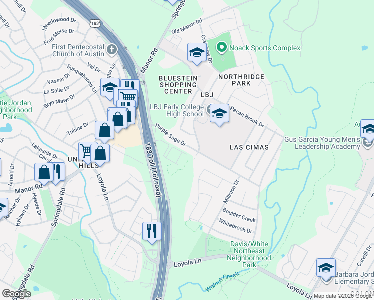 map of restaurants, bars, coffee shops, grocery stores, and more near 5209 Purple Sage Drive in Austin