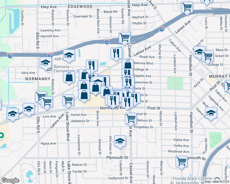 map of restaurants, bars, coffee shops, grocery stores, and more near 933 Garth Avenue in Jacksonville