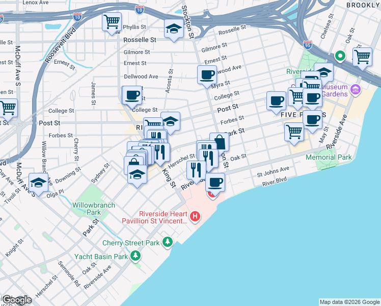 map of restaurants, bars, coffee shops, grocery stores, and more near 2602 Herschel Street in Jacksonville