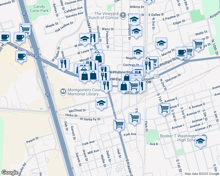 map of restaurants, bars, coffee shops, grocery stores, and more near 215 North Frazier Street in Conroe