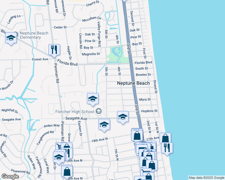 map of restaurants, bars, coffee shops, grocery stores, and more near 517 Oleander Street in Neptune Beach
