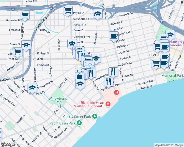 map of restaurants, bars, coffee shops, grocery stores, and more near 2650 Park Street in Jacksonville