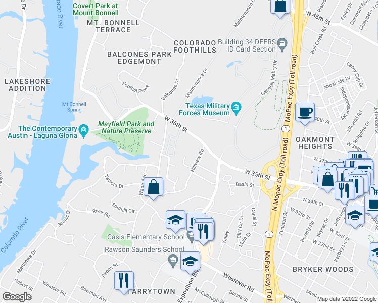 map of restaurants, bars, coffee shops, grocery stores, and more near 3305 Jamesborough Street in Austin