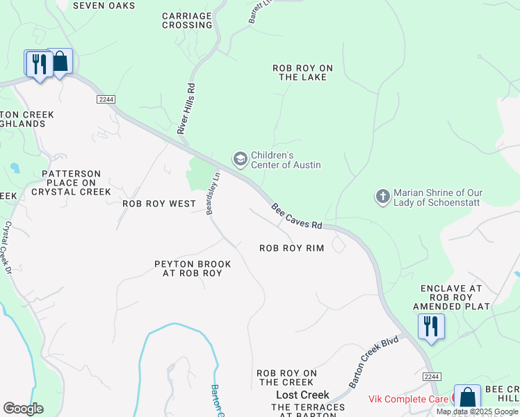 map of restaurants, bars, coffee shops, grocery stores, and more near 7912 Aspen Highlands Drive in Austin