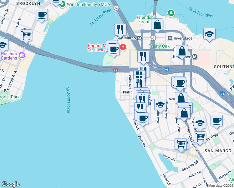 map of restaurants, bars, coffee shops, grocery stores, and more near 1550 Le Baron Avenue in Jacksonville