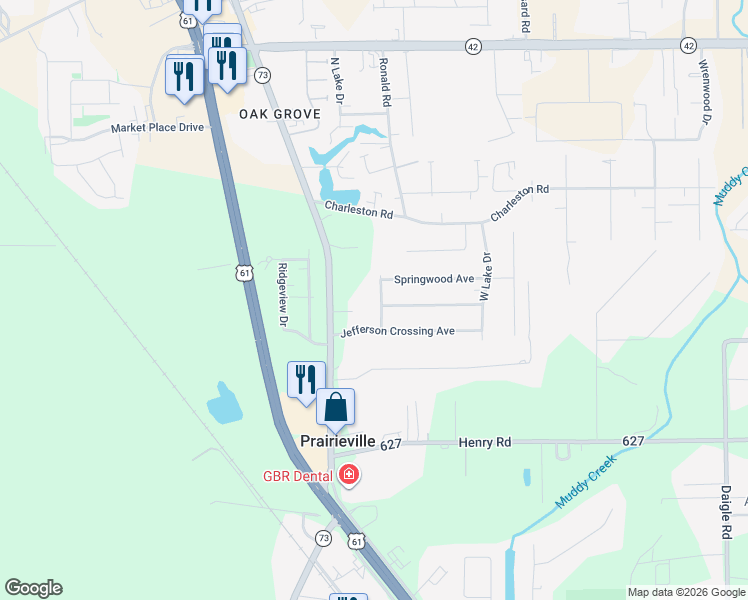 map of restaurants, bars, coffee shops, grocery stores, and more near 16467 Hardwood Road in Prairieville