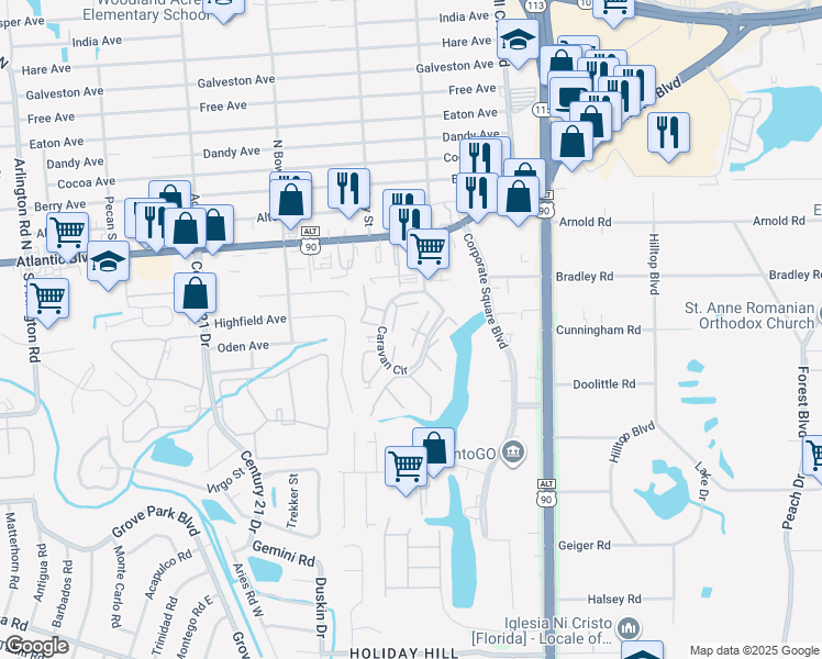map of restaurants, bars, coffee shops, grocery stores, and more near 304 Sahara Court South in Jacksonville