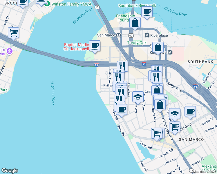 map of restaurants, bars, coffee shops, grocery stores, and more near 817 Cedar Street in Jacksonville