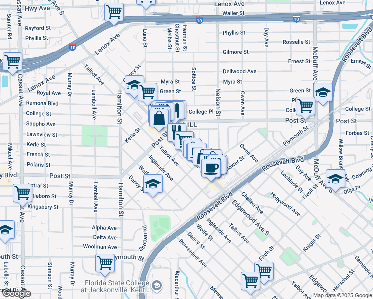 map of restaurants, bars, coffee shops, grocery stores, and more near 3720 Antisdale Street in Jacksonville
