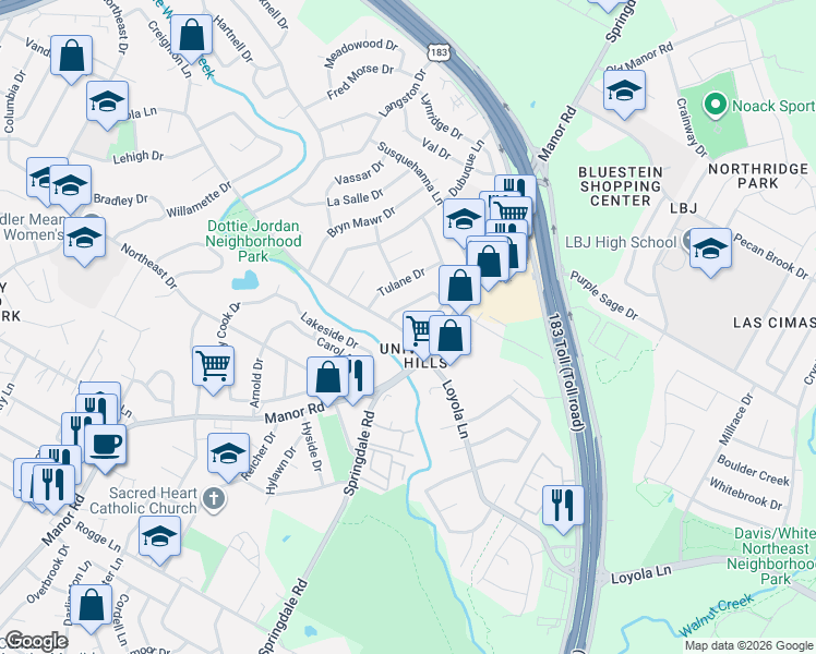 map of restaurants, bars, coffee shops, grocery stores, and more near 3501 Loyola Lane in Austin