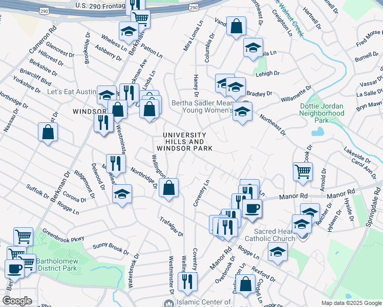 map of restaurants, bars, coffee shops, grocery stores, and more near 5907 Harwill Circle in Austin