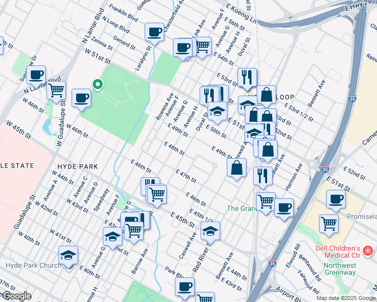 map of restaurants, bars, coffee shops, grocery stores, and more near 4713 Duval Street in Austin
