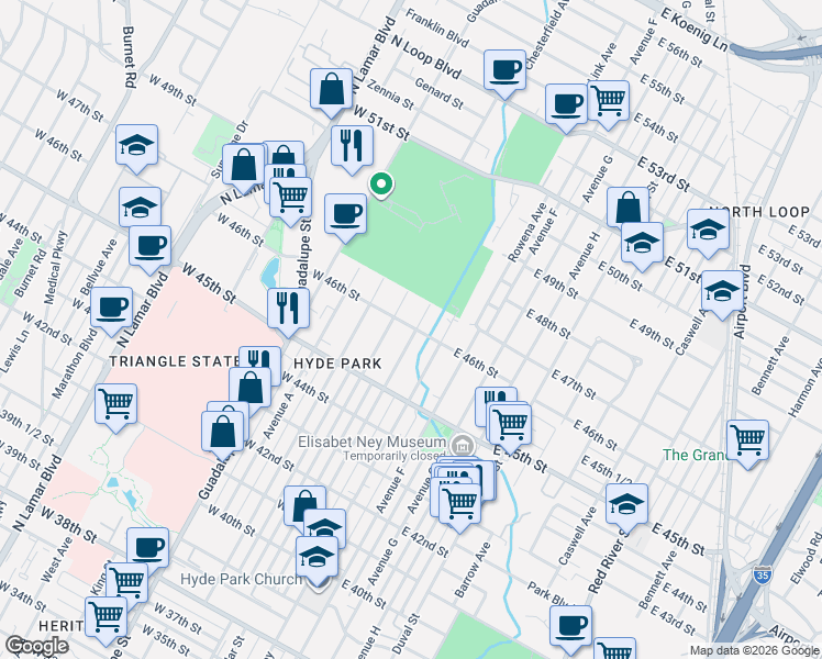 map of restaurants, bars, coffee shops, grocery stores, and more near 4525 1/2 Avenue D in Austin