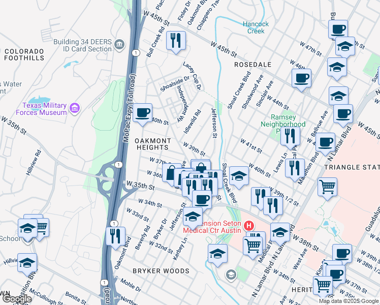 map of restaurants, bars, coffee shops, grocery stores, and more near 3710 Lawton Avenue in Austin